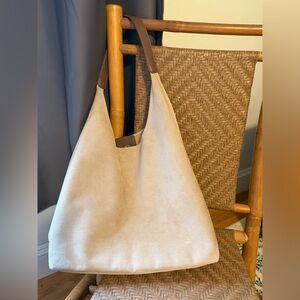 Cream Suede Shoulder Tote with Brown Handles